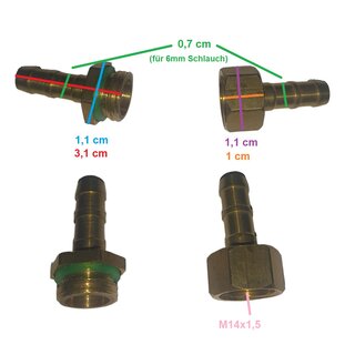 Schlauchkupplung, Verbinder M14x1,5 auf M14x1,5, für 6mm Schlauch